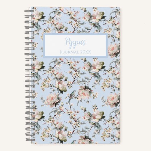 Bird in Blossom Blue Personalized Journal Notebook ノートブック (正面)