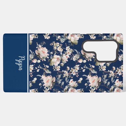 Bird in Blossom Navy Blue MagSafe Tough Samsung Galaxyケース (裏面横)