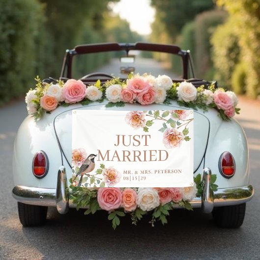 Bird in Flowers Just Married Car Banner 横断幕