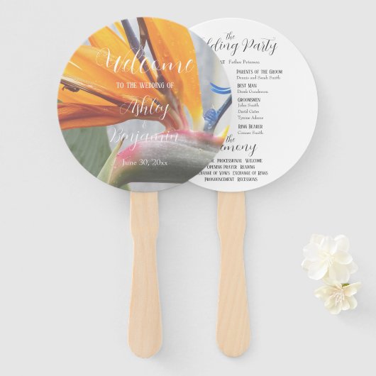 Bird of Paradiseのフローラ結婚式プログラム ハンドファン (正面&裏面)