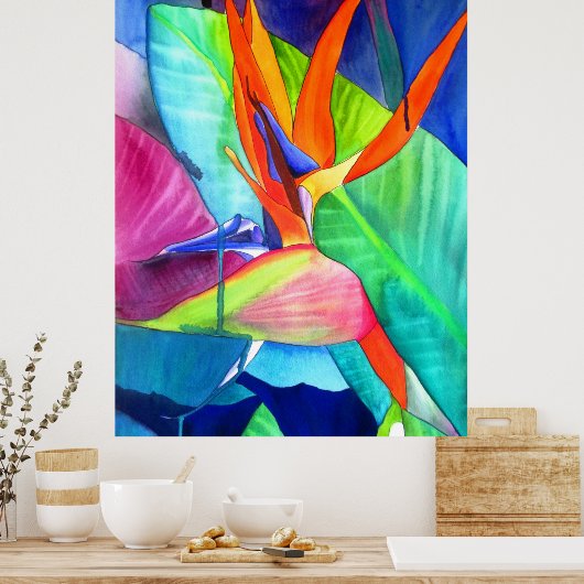 Bird of Paradise Strelitzia水彩花絵 ポスター (キッチン)