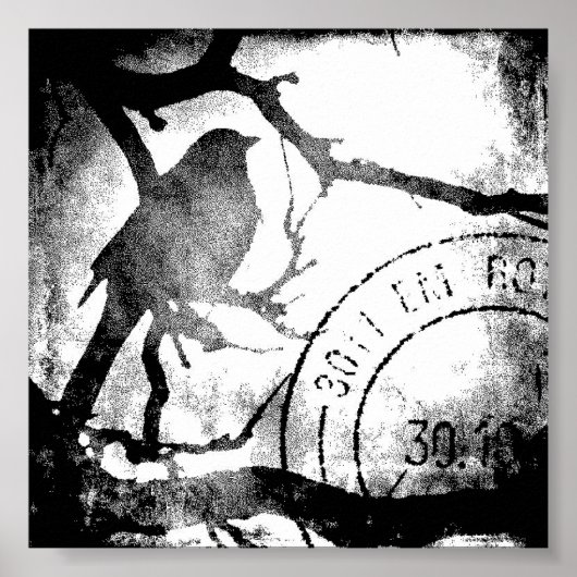 Bird on a branch(ブランチ上の鳥)、白黒 ポスター (正面)