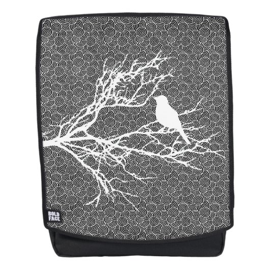 Bird on a branch, White on Black Pattern バックパック (正面)