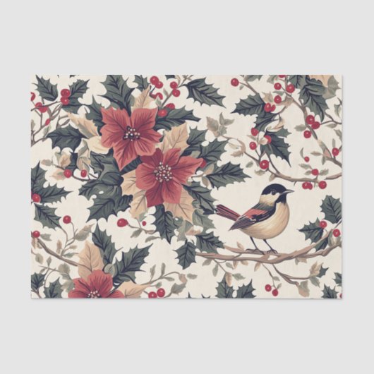 Bird on a Branch with Berries and Poinsettias 薄葉紙 (正面)