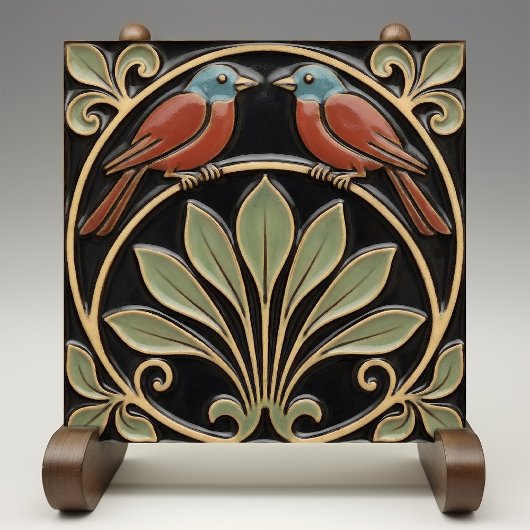 Bird on Flowers Art Deco Nouveau Faux Relief タイル