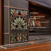 Bird on Flowers Art Deco Nouveau Faux Relief タイル