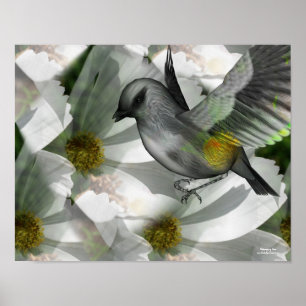 Bird On White Cosmosファンタジーアートポスター ポスター