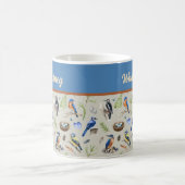 Bird Pattern Kingfisher, Blue Jay, Woodpecker Name コーヒーマグカップ (中央)