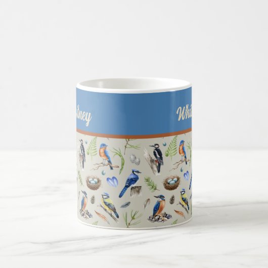 Bird Pattern Kingfisher, Blue Jay, Woodpecker Name コーヒーマグカップ (中央)