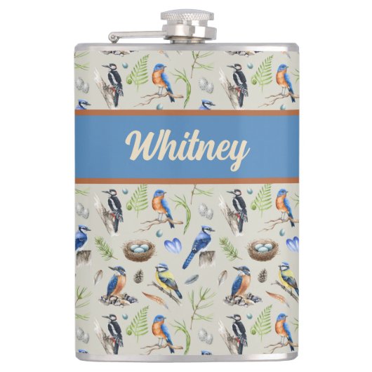 Bird Pattern Kingfisher, Blue Jay, Woodpecker Name フラスク (正面)