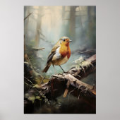 Bird Robin in forest wall print, bird rustic ポスター (正面)