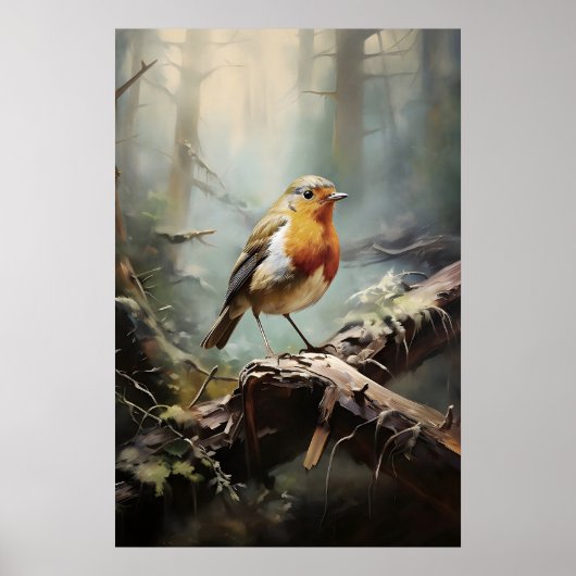 Bird Robin in forest wall print, bird rustic ポスター (正面)