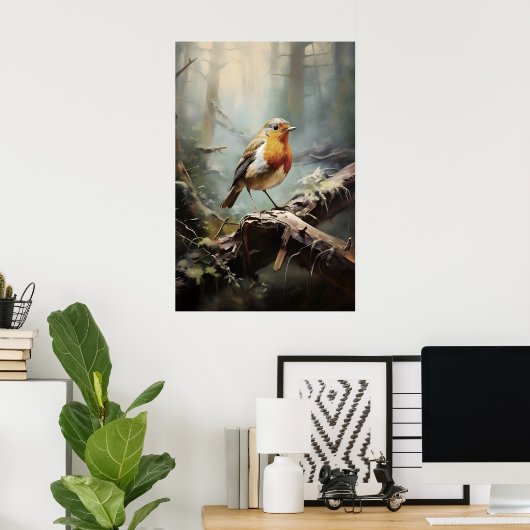 Bird Robin in forest wall print, bird rustic ポスター (ホームオフィス)