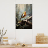 Bird Robin in forest wall print, bird rustic ポスター (キッチン)