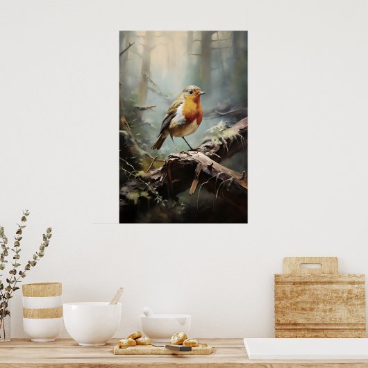 Bird Robin in forest wall print, bird rustic ポスター (キッチン)