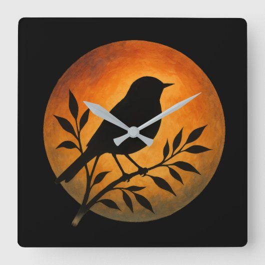 Bird Silhouette Over Full Moon スクエア壁時計 (正面)