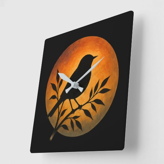 Bird Silhouette Over Full Moon スクエア壁時計 (傾斜)