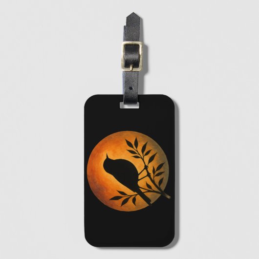 Bird Silhouette Over Full Moon ラゲッジタグ (正面縦)