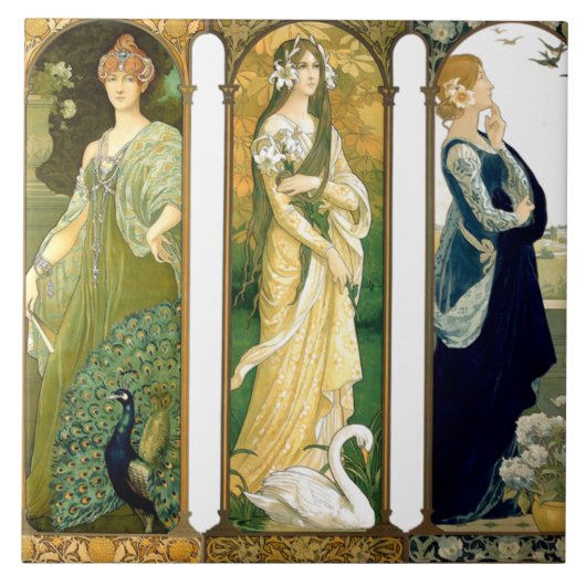 Bird Swanアールヌーボーの女性孔雀花のタイル タイル (正面)