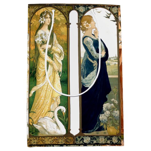 Bird Swan Peacock Floralアールヌーボーの女性ギフトバッグ ミディアムペーパーバッグ (正面)