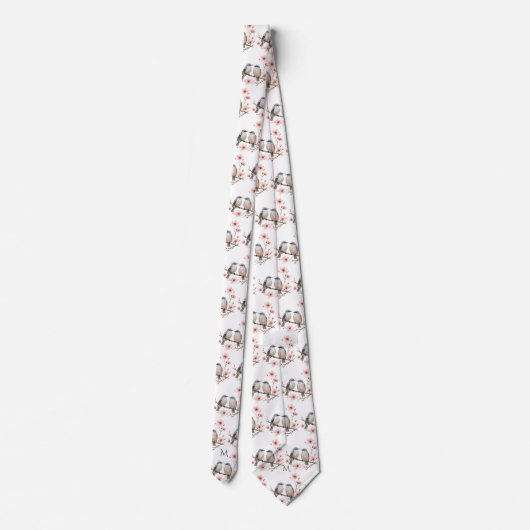 Bird Theme on Branches Monogram Watercolor ネクタイ (裏面)