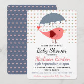 Bird Under Umbrella Raining Hearts Baby Shower 招待状 (正面/裏面)