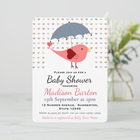 Bird Under Umbrella Raining Hearts Baby Shower 招待状 (スタンド正面)