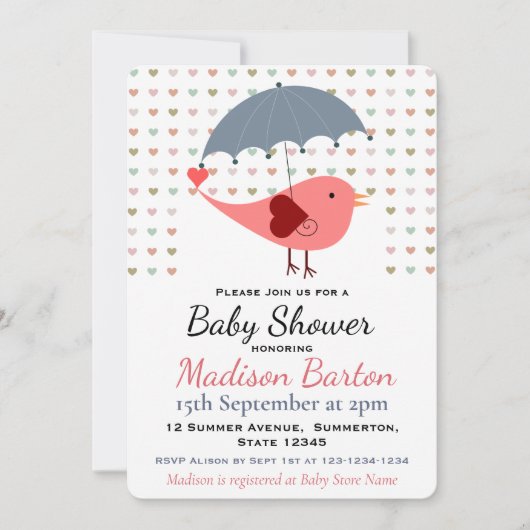 Bird Under Umbrella Raining Hearts Baby Shower 招待状 (正面)
