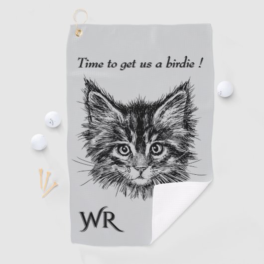 Bird Watching Kitten Face Funny w Monogram grey ゴルフタオル (インサイチュ)