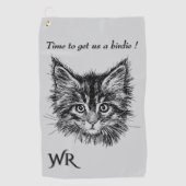 Bird Watching Kitten Face Funny w Monogram grey ゴルフタオル (正面)