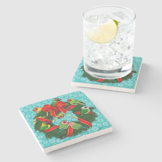 Birdorableの仲の良い恋人同士のクリスマスのリース ストーンコースター (横)