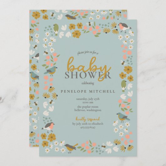 Birds and Bees Floral Baby Shower 招待状 (正面/裏面)