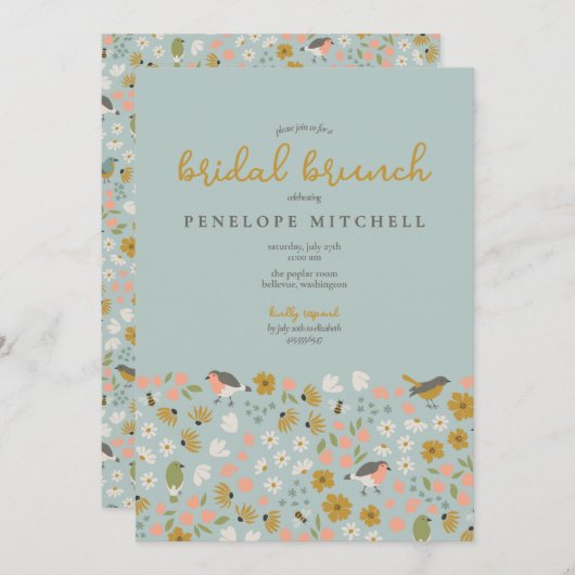 Birds and Bees Floral Bridal Brunch Shower  招待状 (正面/裏面)