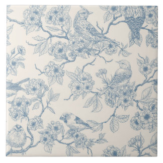 Birds and cherry blossom in blue and off white タイル