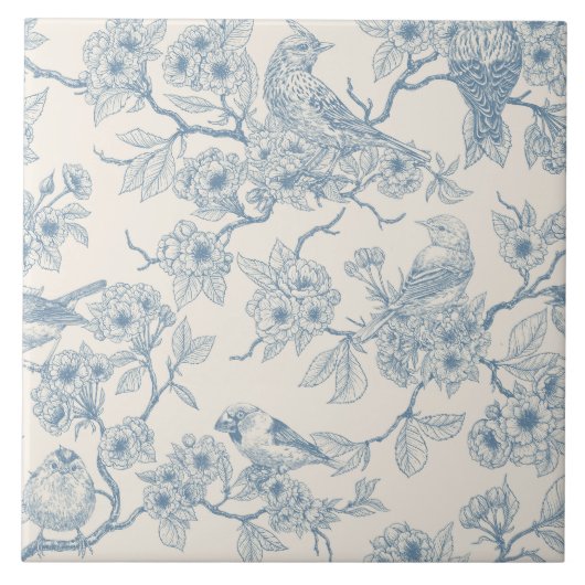 Birds and cherry blossom in blue and off white タイル (正面)