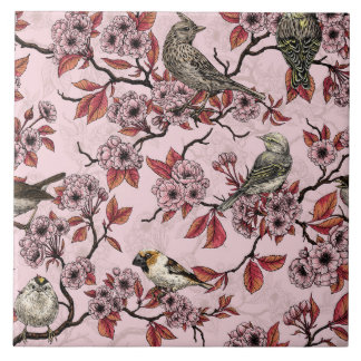 Birds and cherry blossom on rose pink タイル