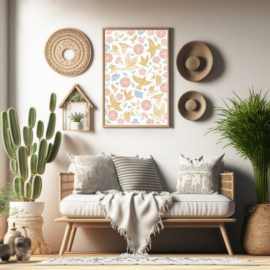 Birds and Florals Hand Drawn Art ポスター