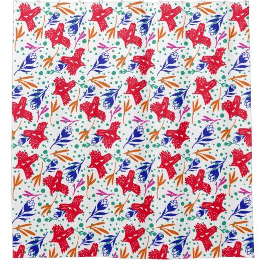 Birds and flowers in colorful pattern シャワーカーテン (正面)