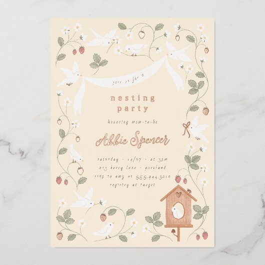 Birds & Berries Nesting Party Baby Shower 箔招待状 (正面)