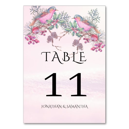Birds & Berries Pinecone Watercolor Winter Wedding テーブルナンバー (裏面)