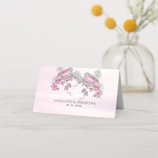 Birds & Berries Pinecone Watercolor Winter Wedding プレイスカード (正面)
