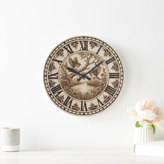 Birds & Flowers Rustic Wall Clock ラージ壁時計 (ホーム)