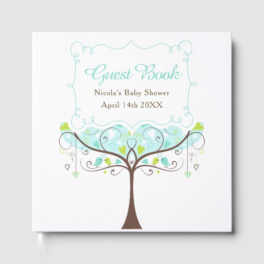 Birds Hearts Tree Blue and Green Baby Shower ゲストブック (正面)