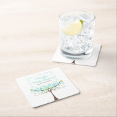 Birds Hearts Tree Blue and Green Baby Shower スクエアペーパーコースター (インサイチュ)