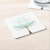 Birds Hearts Tree Blue and Green Baby Shower スクエアペーパーコースター (アングル)
