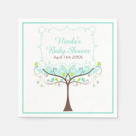 Birds Hearts Tree Blue and Green Baby Shower スタンダードカクテルナプキン