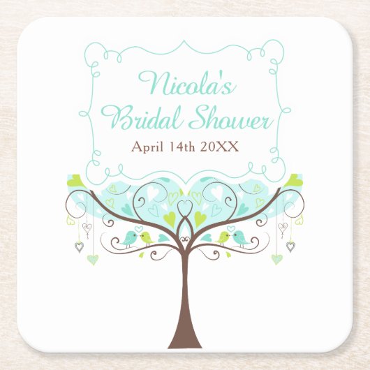 Birds Hearts Tree Blue and Green Bridal Shower スクエアペーパーコースター (正面)