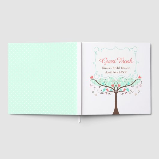 Birds Hearts Tree Mint and Coral Bridal Shower ゲストブック (全面)