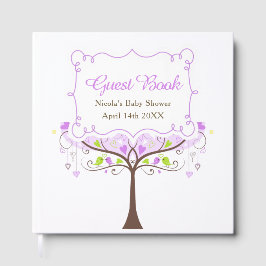 Birds Hearts Tree Purple and Green Baby Shower ゲストブック