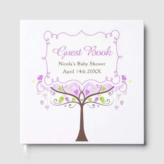Birds Hearts Tree Purple and Green Baby Shower ゲストブック (正面)
